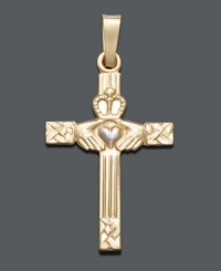 Celebrate your Irish heritage in style. Intricate pendant features a Claddagh cross in 14k gold. Approximate drop width: 1/2 inch. Approximate drop length: 1 inch.