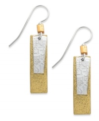 Resplendent rectangles. Jody Coyote's drop earrings are set in sterling silver with layered bronze and silver-plated rectangle pieces coming together. Gold-tone glass beads add a stylish touch. Approximate drop: 1-3/4 inches. Resplendent rectangles. Jody Coyote's drop earrings are set in sterling silver with layered bronze and silver-plated rectangle pieces coming together. Gold-tone glass beads add a stylish touch. Approximate drop: 1-3/4 inches.