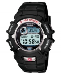 Tough style for the active guy. This G-Shock watch features a black resin bracelet and round case. Digital display dial with tough solar power, shock resistance, full auto EL backlight, world time, and daily alarm with snooze. Quartz movement. Water resistant to 200 meters. One-year limited warranty. Tough style for the active guy. This G-Shock watch features a black resin bracelet and round case. Digital display dial with tough solar power, shock resistance, full auto EL backlight, world time, and daily alarm with snooze. Quartz movement. Water resistant to 200 meters. One-year limited warranty.