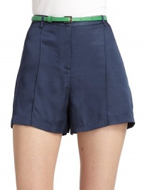 THE LOOKBanded waist with belt loopsLeather belt with buckle closureFront zip and hook closureSide seam pocketsSeam detailsTHE FITRise, about 11Inseam, about 3THE MATERIAL54% rayon/46% modalCARE & ORIGINDry cleanImportedModel shown is 5'10 (177cm) wearing US size 4. THE LOOKBanded waist with belt loopsLeather belt with buckle closureFront zip and hook closureSide seam pocketsSeam detailsTHE FITRise, about 11Inseam, about 3THE MATERIAL54% rayon/46% modalCARE & ORIGINDry cleanImportedModel shown is 5'10 (177cm) wearing US size 4.