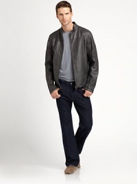 Short blouson jacket with geometric seams for an unexpected twist.Front zipSlanted zip pocketsLeatherFully linedDry cleanImported Short blouson jacket with geometric seams for an unexpected twist.Front zipSlanted zip pocketsLeatherFully linedDry cleanImported