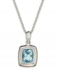 Ocean hues. This pretty pendant features a chic cushion shape that highlights a blue topaz stone (6-1/2 ct. t.w.) bezel set in sterling silver with a matching chain. Approximate length: 18 inches. Approximate drop: 1/2 inch. Ocean hues. This pretty pendant features a chic cushion shape that highlights a blue topaz stone (6-1/2 ct. t.w.) bezel set in sterling silver with a matching chain. Approximate length: 18 inches. Approximate drop: 1/2 inch.
