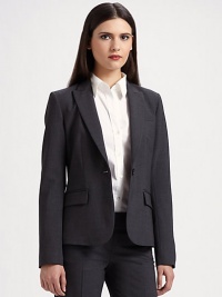 Notched collar and front flap pockets define this wool-rich, tailored design with a hint of stretch. Notched collar Front flap pockets One front button closure Fully lined 96% wool/4% Lycra Dry clean Made in USA of Italian fabric Notched collar and front flap pockets define this wool-rich, tailored design with a hint of stretch. Notched collar Front flap pockets One front button closure Fully lined 96% wool/4% Lycra Dry clean Made in USA of Italian fabric