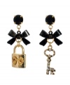 Unlock the secret to style and embrace your inner fashionista. Betsey Johnson's innovative earrings feature dramatic black crystal and ribbon drops with a lock charm and a crystal-coated key charm. Crafted in gold tone mixed metal. Approximate drop: 2-2-1/2 inches.