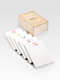 Original Charles Fradin illustrations add an cook's touch to high-quality cotton paper, organized in five pads and housed in a gold-stamped wood box. 5 pads with 40 sheets each High-quality cotton pulp paper Box: 5W X 7¼H X 4D Pad: 4½W X 6¾ Made in USA Original Charles Fradin illustrations add an cook's touch to high-quality cotton paper, organized in five pads and housed in a gold-stamped wood box. 5 pads with 40 sheets each High-quality cotton pulp paper Box: 5W X 7¼H X 4D Pad: 4½W X 6¾ Made in USA