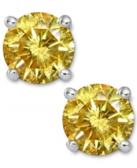 Add a pop of sunshine-bright color, in one small drop. These sparkling stud earrings feature round-cut yellow diamonds (2 ct. t.w.) in a four-prong setting of 14k white gold. Approximate diameter: 1/3 inch.