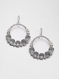 From the Social Graces Collection. A modern and sparkling design with faceted stones in various shapes set in a graduated hoop drop style. Glass stonesWhite metalDrop, about 2.5Hook backImported From the Social Graces Collection. A modern and sparkling design with faceted stones in various shapes set in a graduated hoop drop style. Glass stonesWhite metalDrop, about 2.5Hook backImported