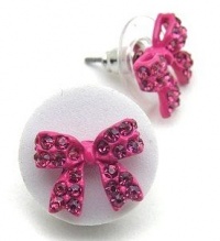 Adorable Pretty Princess Small 1/2 Bow Stud Earrings with Sparkling Dark Pink/Fuchsia Austrian Crystals - Silver Plated Adorable Pretty Princess Small 1/2 Bow Stud Earrings with Sparkling Dark Pink/Fuchsia Austrian Crystals - Silver Plated