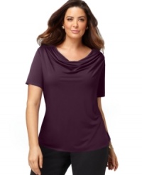 Finished by a draped neckline, Elementz' short sleeve plus size top is an ideal layer for jackets and cardigans this season. Finished by a draped neckline, Elementz' short sleeve plus size top is an ideal layer for jackets and cardigans this season.