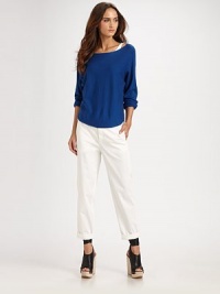 Boyfriend-inspired favorite in a cotton blend with a rolled hem and touch of stretch. Button frontZip flySlash pocketsBack besom pocketsInseam, about 2998% cotton/2% elastaneDry cleanMade in USA of French fabric Boyfriend-inspired favorite in a cotton blend with a rolled hem and touch of stretch. Button frontZip flySlash pocketsBack besom pocketsInseam, about 2998% cotton/2% elastaneDry cleanMade in USA of French fabric