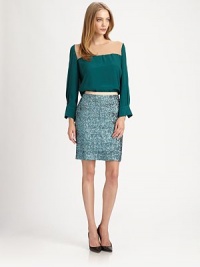 Silk-trimmed blouse in a colorblock print, backed by a keyhole detail and pretty ruffle trim. RoundneckLong sleevesButtoned cuffsRuffle trim at back; back keyhole closureBody: 53% viscose/47% rayon; Contrast: SilkDry cleanImportedModel shown is 5'10 (177cm) wearing US size 0. Silk-trimmed blouse in a colorblock print, backed by a keyhole detail and pretty ruffle trim. RoundneckLong sleevesButtoned cuffsRuffle trim at back; back keyhole closureBody: 53% viscose/47% rayon; Contrast: SilkDry cleanImportedModel shown is 5'10 (177cm) wearing US size 0.