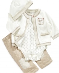 Bear necessities. Every boy needs a little cuddle in his life and this bodysuit, cardigan, pant and beanie set from Little Me will give him just that. Bear necessities. Every boy needs a little cuddle in his life and this bodysuit, cardigan, pant and beanie set from Little Me will give him just that.