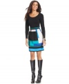 A solid bodice beautifully balances a bold colorblocked skirt on ECI's latest dress.
