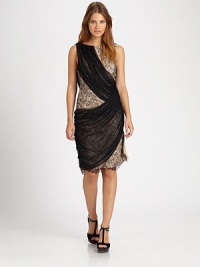 Goddess-inspired silk silhouette with elegantly draped tulle panels and an exquisite lace overlay. BoatneckSleevelessSheer draped overlayScalloped edgesBack keyhole button closureBack zipAbout 25 from shoulder to hemBody: silkLace trim: nylonTulle trim: polyester/spandexDry cleanImported Model shown is 5'10 (178cm) wearing US size 4. Goddess-inspired silk silhouette with elegantly draped tulle panels and an exquisite lace overlay. BoatneckSleevelessSheer draped overlayScalloped edgesBack keyhole button closureBack zipAbout 25 from shoulder to hemBody: silkLace trim: nylonTulle trim: polyester/spandexDry cleanImported Model shown is 5'10 (178cm) wearing US size 4.