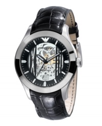 No hidden agendas. This stunning Meccanico watch by Emporio Armani is sophistication through and through. Black croc-embossed leather strap and round stainless steel case. Black skeleton dial features silver tone stick indices, minute track, black luminous hands and logo. Automatic movement. Water resistant to 30 meters. Two-year limited warranty. No hidden agendas. This stunning Meccanico watch by Emporio Armani is sophistication through and through. Black croc-embossed leather strap and round stainless steel case. Black skeleton dial features silver tone stick indices, minute track, black luminous hands and logo. Automatic movement. Water resistant to 30 meters. Two-year limited warranty.