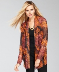 An exotic print and sheer mesh fabric create a cardigan like none other, from INC.