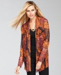 An exotic print and sheer mesh fabric create a cardigan like none other, from INC. An exotic print and sheer mesh fabric create a cardigan like none other, from INC.