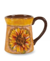 Hand-painted blossoms and an organic shape rooted in traditional Italian pottery give Tuscan Sunflower mugs a decidedly rustic charm. Hand-painted blossoms and an organic shape rooted in traditional Italian pottery give Tuscan Sunflower mugs a decidedly rustic charm.