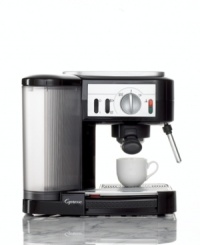 Ooh la la: Whether it's a morning ritual or an after-dinner treat, this café espresso machine from Capresso produces a très magnifique result! With a compact, space-saving design, the machine whips up fresh espresso, creamy cappuccino and frothy lattes in no time flat. One-year limited warranty. Model 115. Ooh la la: Whether it's a morning ritual or an after-dinner treat, this café espresso machine from Capresso produces a très magnifique result! With a compact, space-saving design, the machine whips up fresh espresso, creamy cappuccino and frothy lattes in no time flat. One-year limited warranty. Model 115.