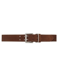Classic suede belt is styled in England with a brushed metal double-prong roller buckle for rugged flair. Classic suede belt is styled in England with a brushed metal double-prong roller buckle for rugged flair.