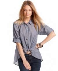 Liven up your look with chic chambray! American Rag updates a boyfriend shirt with just-for-girls details like a gathered back yoke and a tied front hem. Liven up your look with chic chambray! American Rag updates a boyfriend shirt with just-for-girls details like a gathered back yoke and a tied front hem.
