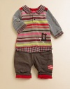 This handsome set for baby comes with a striped polo shirt with back snaps and matching, red-lined pants with logo detail. Shirt Pointed collarLong sleevesBack snapsShirttail hem Pants Elastic waistPatch pocketShirt: cottonPants: polyesterMachine wash or dry cleanMade in France of imported fabric Please note: Number of snaps may vary depending on size ordered. 