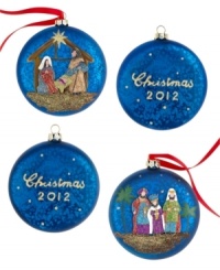 Bring peaceful tidings to your tree with these stunning ornaments, crafted of glass with a blue matte finish and antique silvering. Marked with the year of issue: Christmas 2012. Shown front and back. Bring peaceful tidings to your tree with these stunning ornaments, crafted of glass with a blue matte finish and antique silvering. Marked with the year of issue: Christmas 2012. Shown front and back.