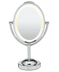 Shine some light on parts of your face that you usually miss with a double-sided mirror that provides high-voltage illumination on 1x and 7x magnifying sides, so no patch of skin is left behind. With a sharp chrome finish, this mirror fits right into your modern home. 1-year warranty. Model BE151T. Shine some light on parts of your face that you usually miss with a double-sided mirror that provides high-voltage illumination on 1x and 7x magnifying sides, so no patch of skin is left behind. With a sharp chrome finish, this mirror fits right into your modern home. 1-year warranty. Model BE151T.