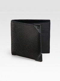 A simple bi-fold design receives a remarkably modern update, featuring six card slots and a billfold compartment, finished in textured, eel-embossed leather with silver accents.One billfold compartmentSix card slotsLeather5W x 4HImported A simple bi-fold design receives a remarkably modern update, featuring six card slots and a billfold compartment, finished in textured, eel-embossed leather with silver accents.One billfold compartmentSix card slotsLeather5W x 4HImported