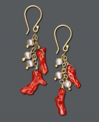 Red-hot earrings with a hint of sophistication. Smooth cultured freshwater pearls (3 mm) combine with bright coral branches in a 14k gold setting. Approximate drop: 1 inch.