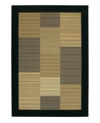 Framed in a deep black border, this dynamic piece offers a super-dense weave and a luxuriously soft finish. Power-loomed, the rug's thick pile offers one million points of yarn per square meter, achieving an ultra-fine detail and heavy hand often found in handmade rugs. With an intricate pattern of micro-striped color blocks in beige and black hues, this rug lends stylish character to any decor. Framed in a deep black border, this dynamic piece offers a super-dense weave and a luxuriously soft finish. Power-loomed, the rug's thick pile offers one million points of yarn per square meter, achieving an ultra-fine detail and heavy hand often found in handmade rugs. With an intricate pattern of micro-striped color blocks in beige and black hues, this rug lends stylish character to any decor.