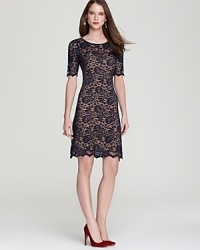 Evoke an effortless sense of romance in a lace Karen Kane lace dress featuring scalloped trim for a demure yet dramatic look. Evoke an effortless sense of romance in a lace Karen Kane lace dress featuring scalloped trim for a demure yet dramatic look.