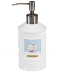 Set sail for uncharted bath decor with this nautical-themed soap and lotion dispenser from Creative Bath. Emblazoned with a seafaring schooner, this charming piece docks beautifully-powder rooms to bathrooms.