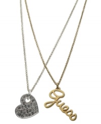 Love letters? GUESS helps you with its two-row necklace crafted from gold-tone and silver-tone mixed metal, and featuring heart and logo pendants. Glass stones provide a lustrous touch. Item comes packaged in a signature GUESS Gift Box. Approximate length: 16 inches + 2-inch extender. Approximate drop: 2 inches. Love letters? GUESS helps you with its two-row necklace crafted from gold-tone and silver-tone mixed metal, and featuring heart and logo pendants. Glass stones provide a lustrous touch. Item comes packaged in a signature GUESS Gift Box. Approximate length: 16 inches + 2-inch extender. Approximate drop: 2 inches.