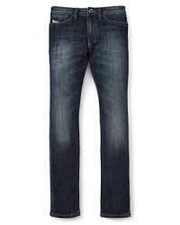 Gently weathered for a natural, lived-in look, this cool five pocket jean sports distressed DIESEL WORKWEAR print on the back pocket. Gently weathered for a natural, lived-in look, this cool five pocket jean sports distressed DIESEL WORKWEAR print on the back pocket.