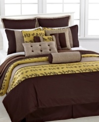 With a rustic yet refined appeal, this Khloe comforter set boasts horizontal lines of simple leaves with a modest color palette of yellow and brown. A quilted coverlet offers a layer of depth while five decorative pillows finish the look with added style. With a rustic yet refined appeal, this Khloe comforter set boasts horizontal lines of simple leaves with a modest color palette of yellow and brown. A quilted coverlet offers a layer of depth while five decorative pillows finish the look with added style.