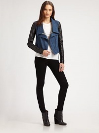 EXCLUSIVELY AT SAKS. Lustrous leather sleeves and a draped neckline revive this denim topper. Draped necklineOpen frontLong leather sleevesFront besom pocketsAbout 20 from shoulder to hem66% acrylic/27% wool/7% spandexDry clean with leather specialistImportedModel shown is 5'10 (177cm) wearing US size Small. EXCLUSIVELY AT SAKS. Lustrous leather sleeves and a draped neckline revive this denim topper. Draped necklineOpen frontLong leather sleevesFront besom pocketsAbout 20 from shoulder to hem66% acrylic/27% wool/7% spandexDry clean with leather specialistImportedModel shown is 5'10 (177cm) wearing US size Small.