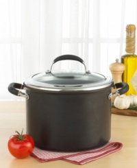 This high-capacity stock pot is a stovetop savior, helping you cook enough soup, stew and chili to satisfy even the hungriest stomachs. Constructed of heavy-gauge, hard-anodized aluminum, it uses a combination of improved Hi-Lo wave technology and the most advanced nonstick formula available - unrivaled for durability and food release. Limited lifetime warranty. This high-capacity stock pot is a stovetop savior, helping you cook enough soup, stew and chili to satisfy even the hungriest stomachs. Constructed of heavy-gauge, hard-anodized aluminum, it uses a combination of improved Hi-Lo wave technology and the most advanced nonstick formula available - unrivaled for durability and food release. Limited lifetime warranty.