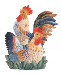 Bring the country to you. This hand-painted ceramic napkin holder is in the shape of a rooster, intricately detailed and brightly colored, full of lifelike vigor. Bring the country to you. This hand-painted ceramic napkin holder is in the shape of a rooster, intricately detailed and brightly colored, full of lifelike vigor.