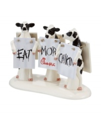 Three clever Chick-fil-A cows drive the message home, spreading their campaign to Eat Mor Chikin throughout Snow Village. From Department 56. Three clever Chick-fil-A cows drive the message home, spreading their campaign to Eat Mor Chikin throughout Snow Village. From Department 56.