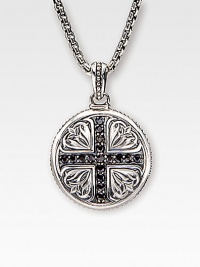 A sterling silver medallion is detailed with deep-relief Sparta engraving and a diamond-cut black sapphire cross. 1.36 tcw Medallion, about 1 dia Endless chain, 26 long Made in USA