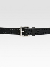 Perforated leather with a square buckle and embossed Gucci logo.Palladium hardwareLeatherAbout 1 wideMade in Italy Perforated leather with a square buckle and embossed Gucci logo.Palladium hardwareLeatherAbout 1 wideMade in Italy