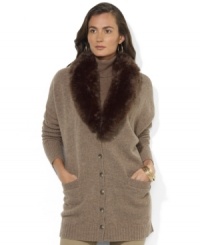 Lauren Ralph Lauren's cozy lambswool-blend cardigan is knit with ribbed sleeves and a detachable faux-fur collar for feminine style. Lauren Ralph Lauren's cozy lambswool-blend cardigan is knit with ribbed sleeves and a detachable faux-fur collar for feminine style.