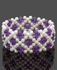 Cuff love. You'll simply flip for this trendy, yet elegant, style. Bracelet combines multiple rows of cultured freshwater pearls (4-5 mm) and stunning amethyst beads (60 ct. t.w.). Bracelet stretches to fit wrist. Approximate length: 8 inches. Cuff love. You'll simply flip for this trendy, yet elegant, style. Bracelet combines multiple rows of cultured freshwater pearls (4-5 mm) and stunning amethyst beads (60 ct. t.w.). Bracelet stretches to fit wrist. Approximate length: 8 inches.