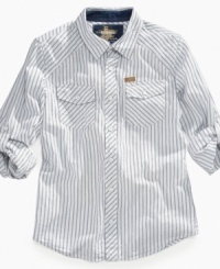 He can throw this micro-stripe Epic Threads shirt on with a pair of denim for a fresh look for fall. He can throw this micro-stripe Epic Threads shirt on with a pair of denim for a fresh look for fall.
