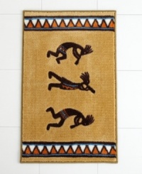 Revered by Native Americans, Kokopelli gives your bathroom an authentically Southwestern vibe. A colorful diamond pattern frames the dancing deity on this sand-colored bath rug. Revered by Native Americans, Kokopelli gives your bathroom an authentically Southwestern vibe. A colorful diamond pattern frames the dancing deity on this sand-colored bath rug.