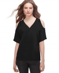 Shoulder cutouts add eye-catching appeal to this Rachel Rachel Roy blouse -- an edgy update to a simple staple! Shoulder cutouts add eye-catching appeal to this Rachel Rachel Roy blouse -- an edgy update to a simple staple!