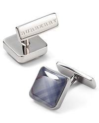 Square cufflinks with subtle check pattern. Logo stamped on back of clasp closure.