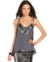 Glam up your evening with this sultry top from Baby Phat! Pretty sequins adorn the soft, sheer fabric for a fabulous night-out look! Glam up your evening with this sultry top from Baby Phat! Pretty sequins adorn the soft, sheer fabric for a fabulous night-out look!