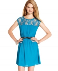 From the prim lace yoke to the bow-belted waist, sweet details make this cap sleeve dress from BeBop a top daytime style. From the prim lace yoke to the bow-belted waist, sweet details make this cap sleeve dress from BeBop a top daytime style.